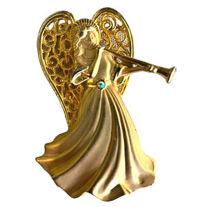 Big Christmas Angel Pin Signed JJ Jonette Jewelry Rhinestone Trumpet Gold Metal
